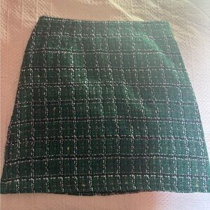 Anthropologie Green and White Tweed Windowpane Plaid Mini Skirt
